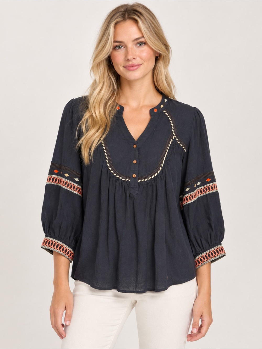 ba&sh Tracy Navy Embroidered Boho Blouse 3/4 Sleeve Size Medium 6141